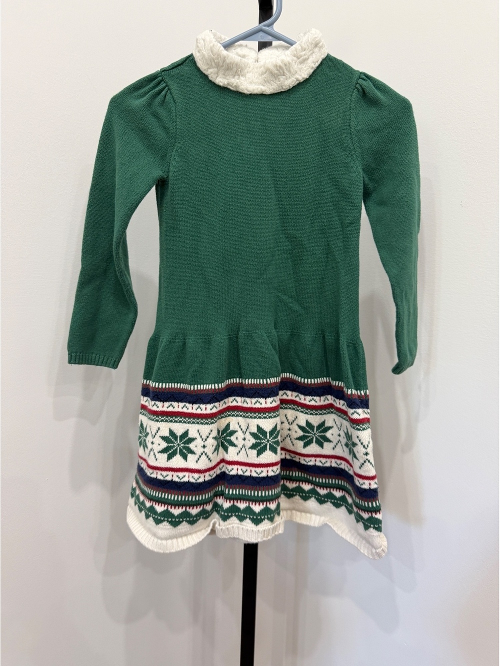 Gymboree Green Long Sleeve Knit Dress with Winter Pattern Faux Fur Collar Size 7